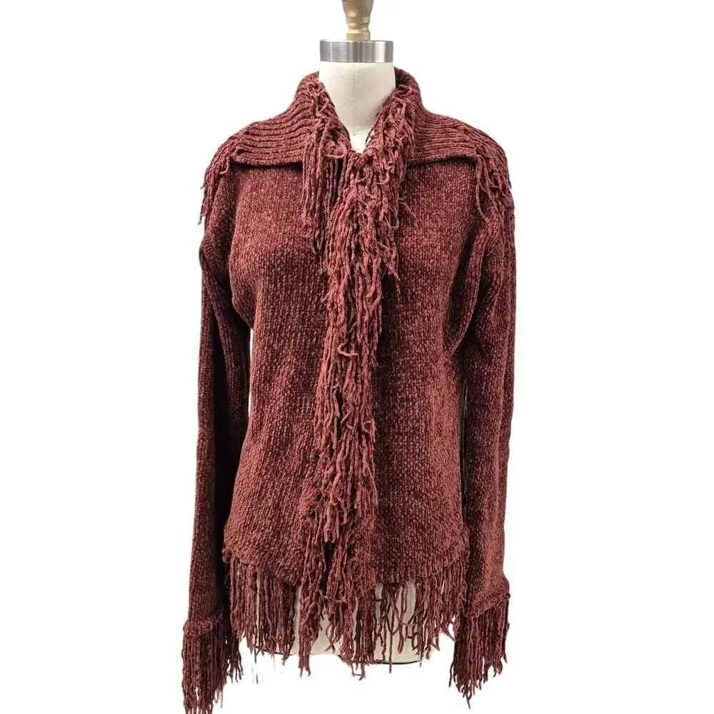 VestoPazzo Esotica import 100% Poly Shag/Fringe Cardigan Sweater Brick Sz S/M